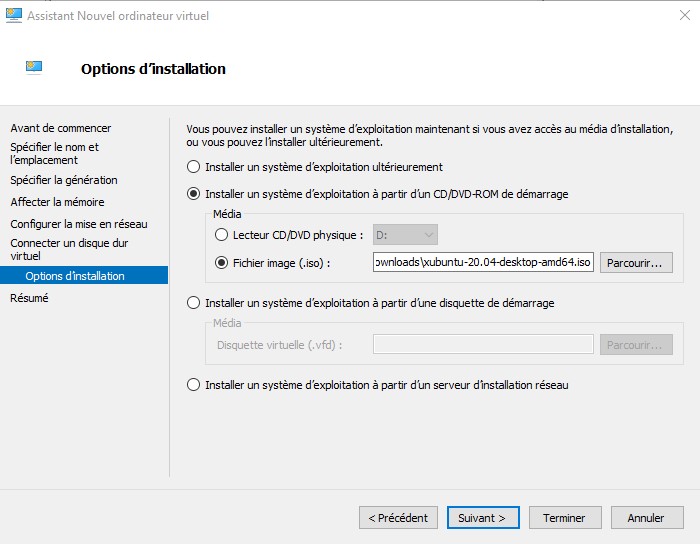 option d'installation